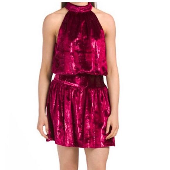 NEW NWT Ramy Brook Ellin Shiny Velour Halter Mini Dress Red Large - Picture 2 of 6